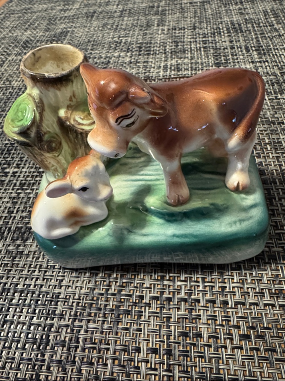 Vintage Spill Vase Featuring A Faux Tree Stump with a Cow & Calf on a Green Base